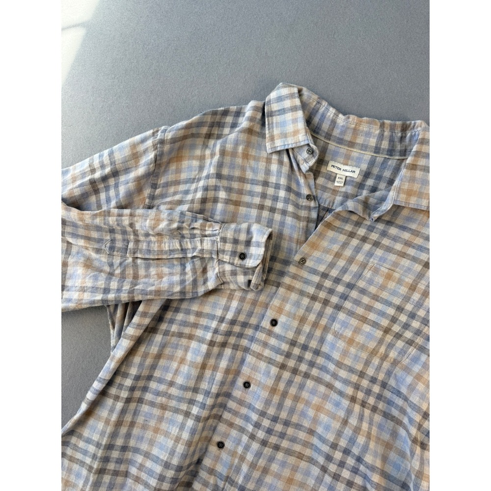 Peter Millar Mens XXL Plaid Button Down Shirt Blue Tan Cotton Long Sleeve 825